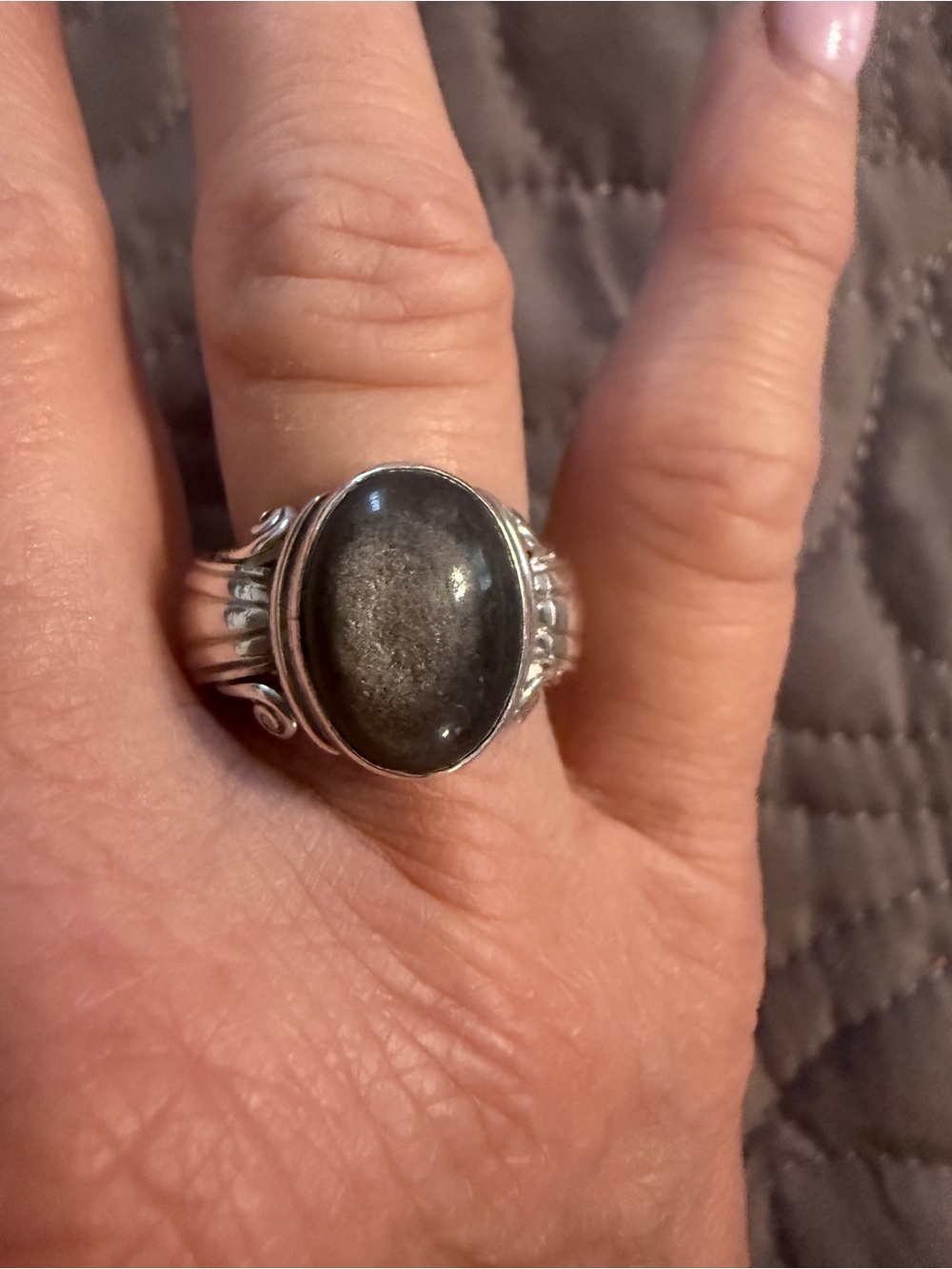 Sterling Silver heavy thick vintage artisan Silver Obsidian Stone Statement Ring